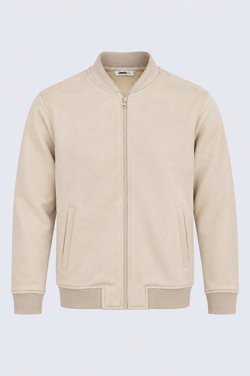 Mens Cream Solid Zip-Up Bomber Jacket - Image 6