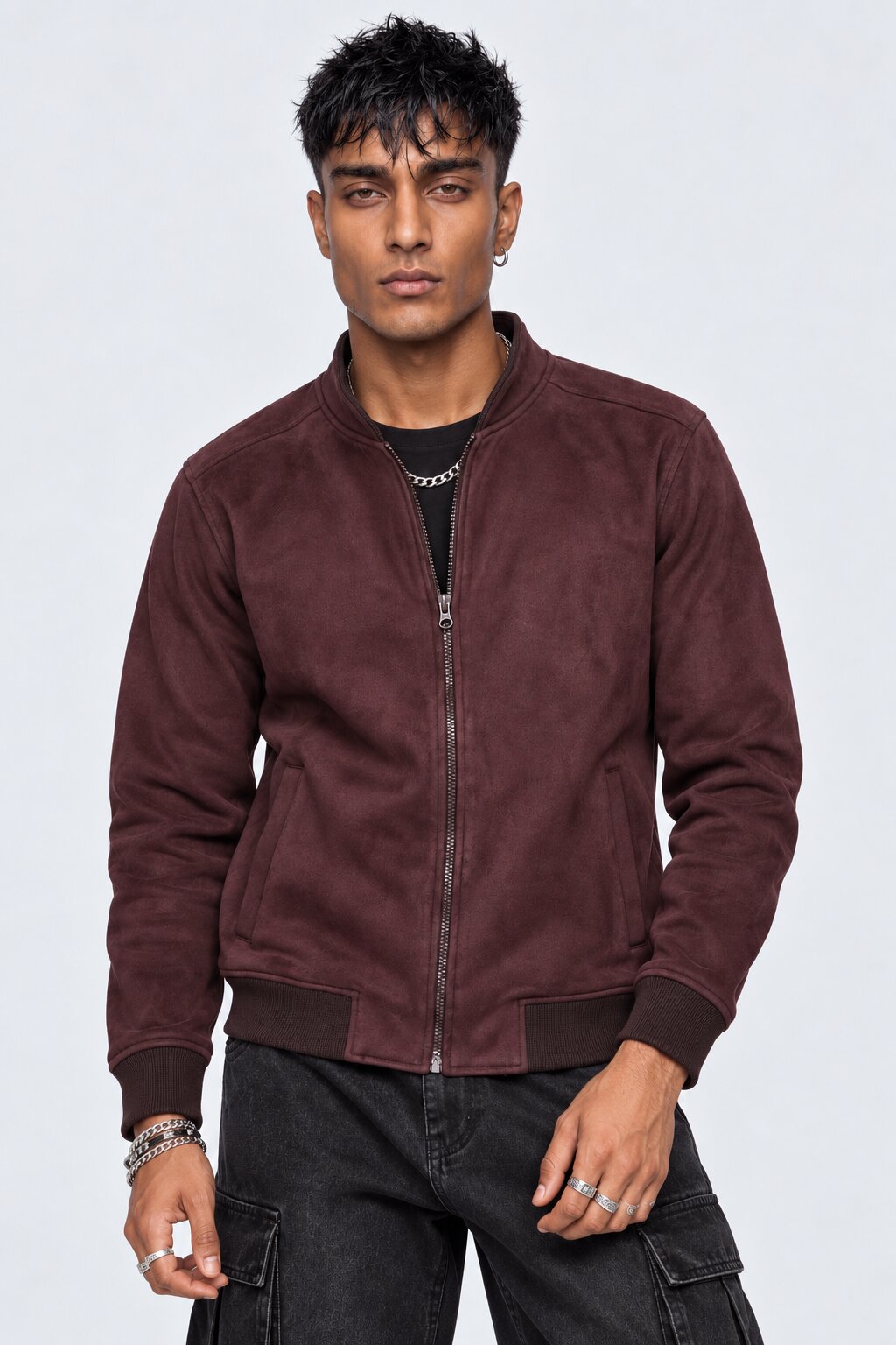 Mens Wine Solid Zip-Up Bomber Jacket - Image 1