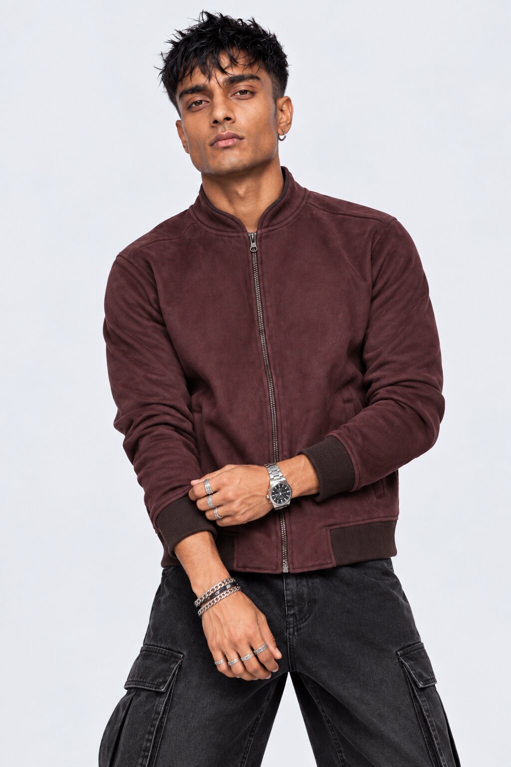 Mens Wine Solid Zip-Up Bomber Jacket - Image 2