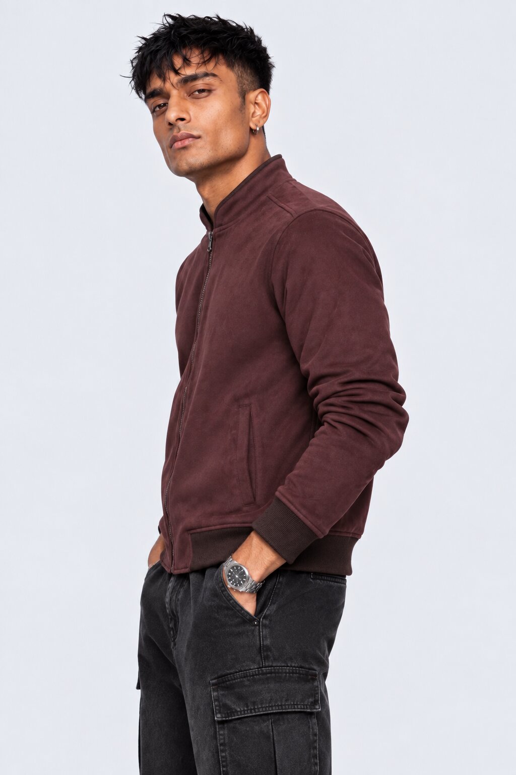 Mens Wine Solid Zip-Up Bomber Jacket - Image 4