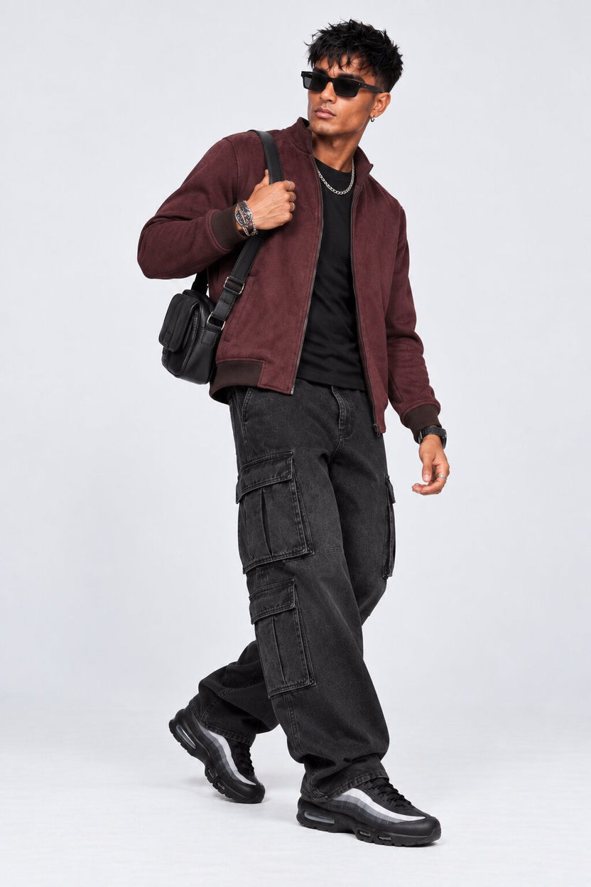 Mens Wine Solid Zip-Up Bomber Jacket - Image 6