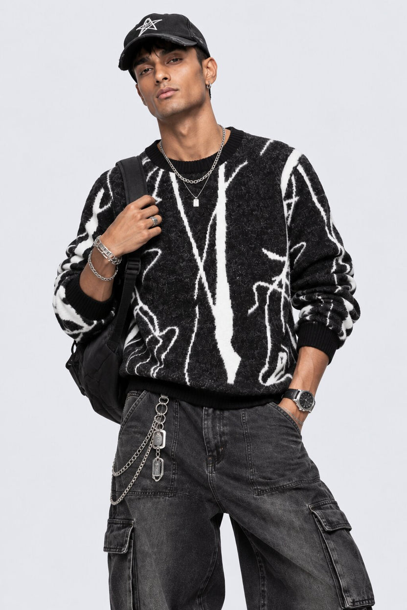 Mens Black Abstract Pattern Knitted Sweater - Image 1