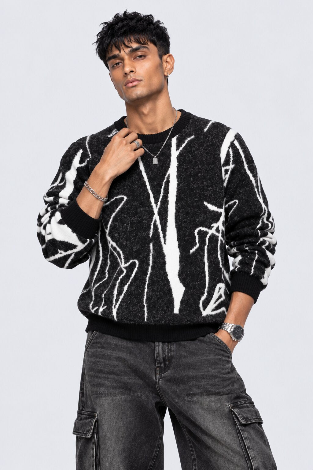 Mens Black Abstract Pattern Knitted Sweater - Image 2