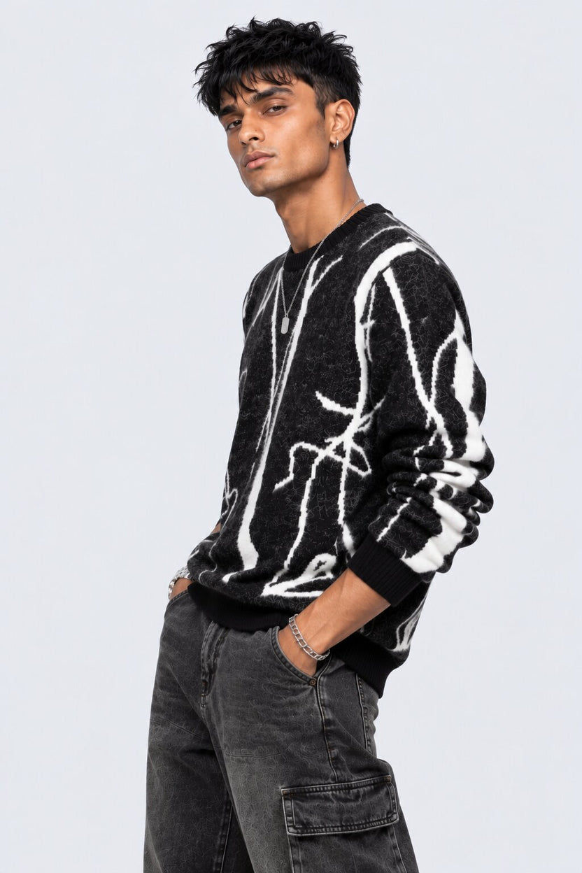 Mens Black Abstract Pattern Knitted Sweater - Image 4