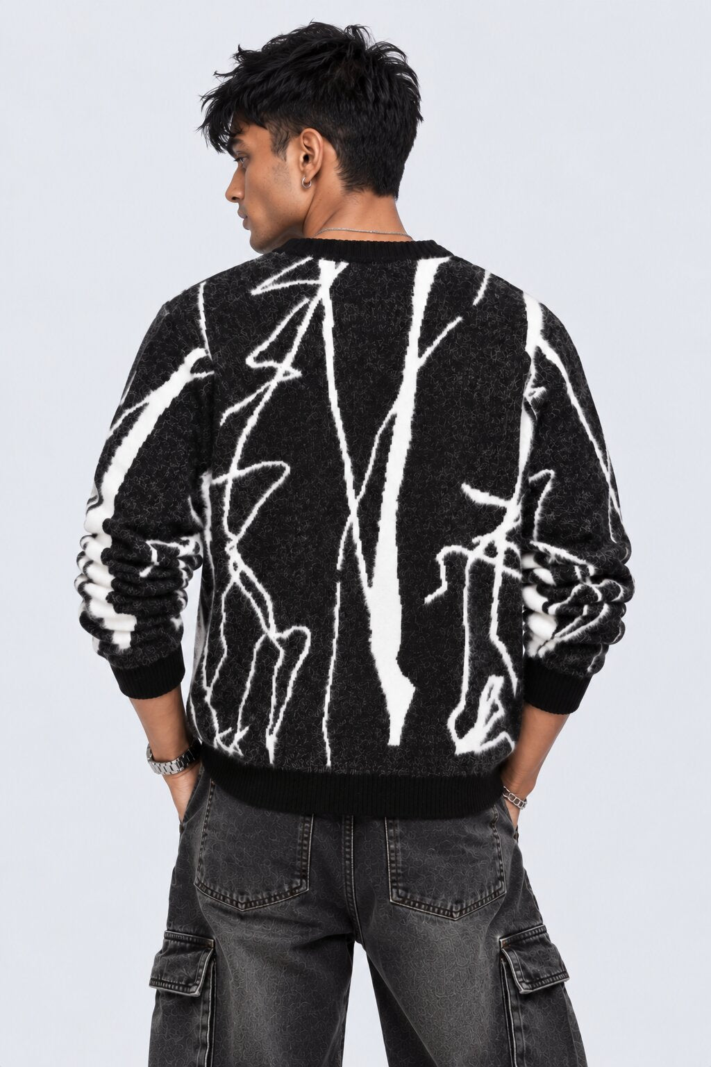 Mens Black Abstract Pattern Knitted Sweater - Image 5