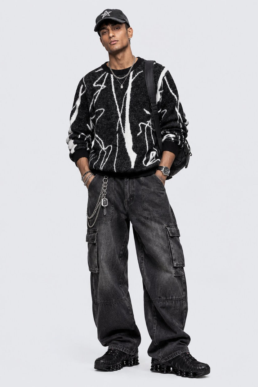 Mens Black Abstract Pattern Knitted Sweater - Image 6