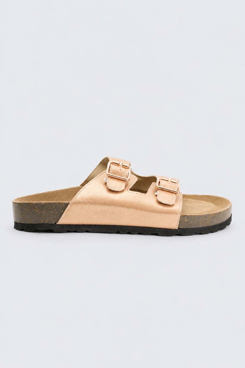 Girls Gold Double Buckle Comfort Slides - Image 2