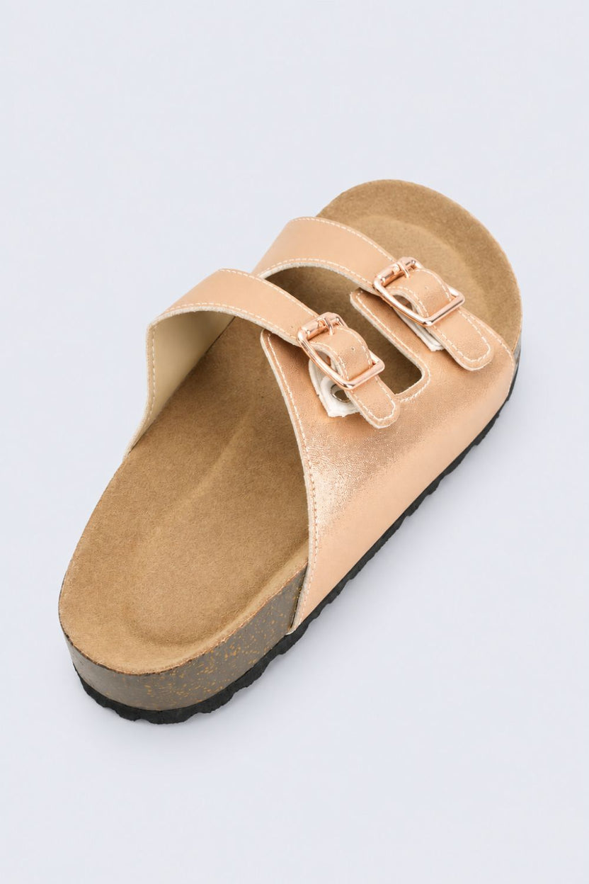 Girls Gold Double Buckle Comfort Slides - Image 3