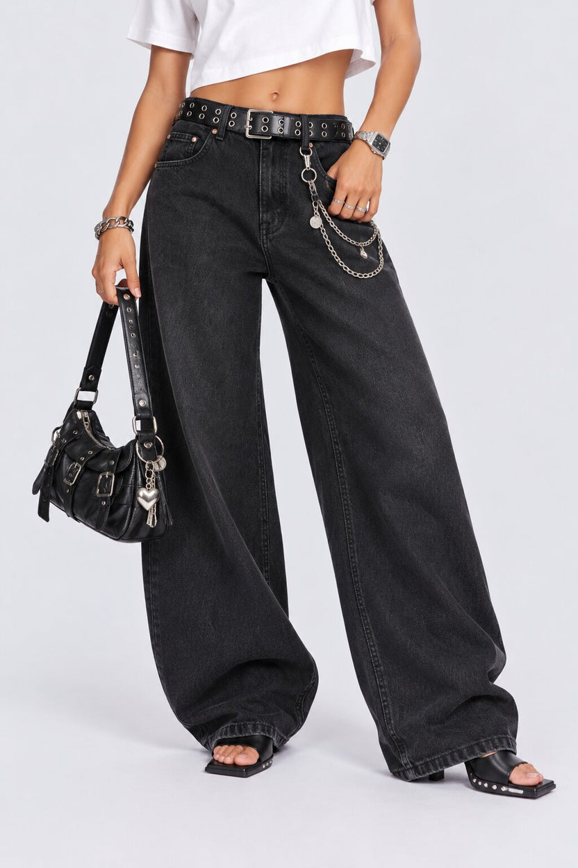 Womens Ultra Wide Leg Fit Charcoal Washed Jeans - Image 1