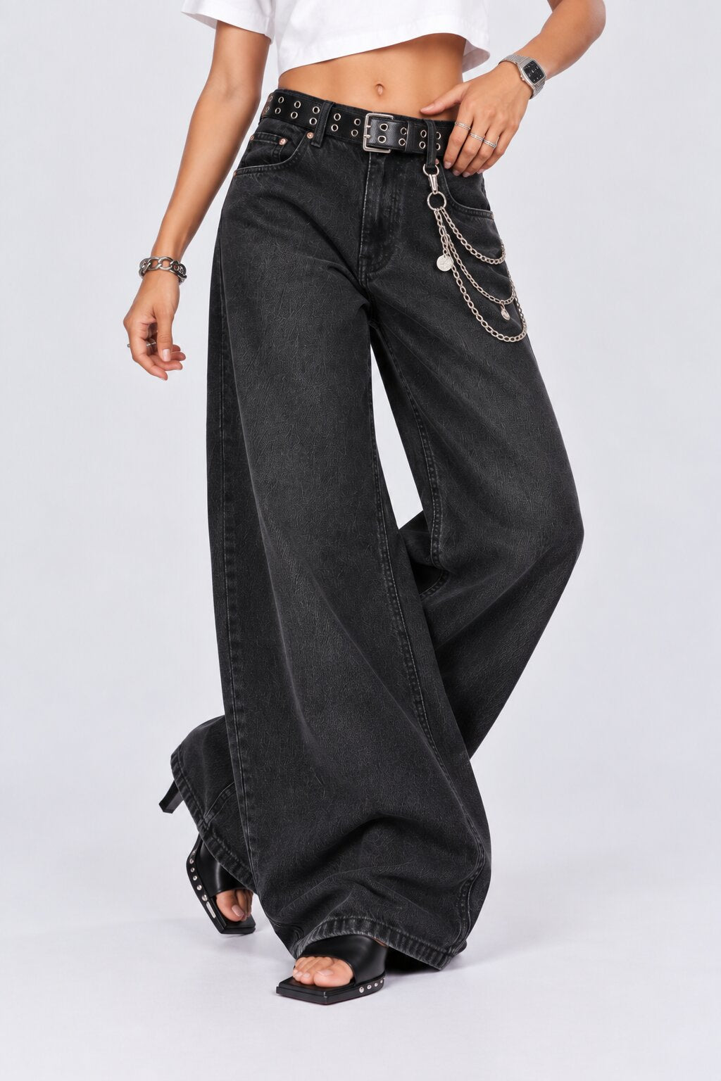 Womens Ultra Wide Leg Fit Charcoal Washed Jeans - Image 2