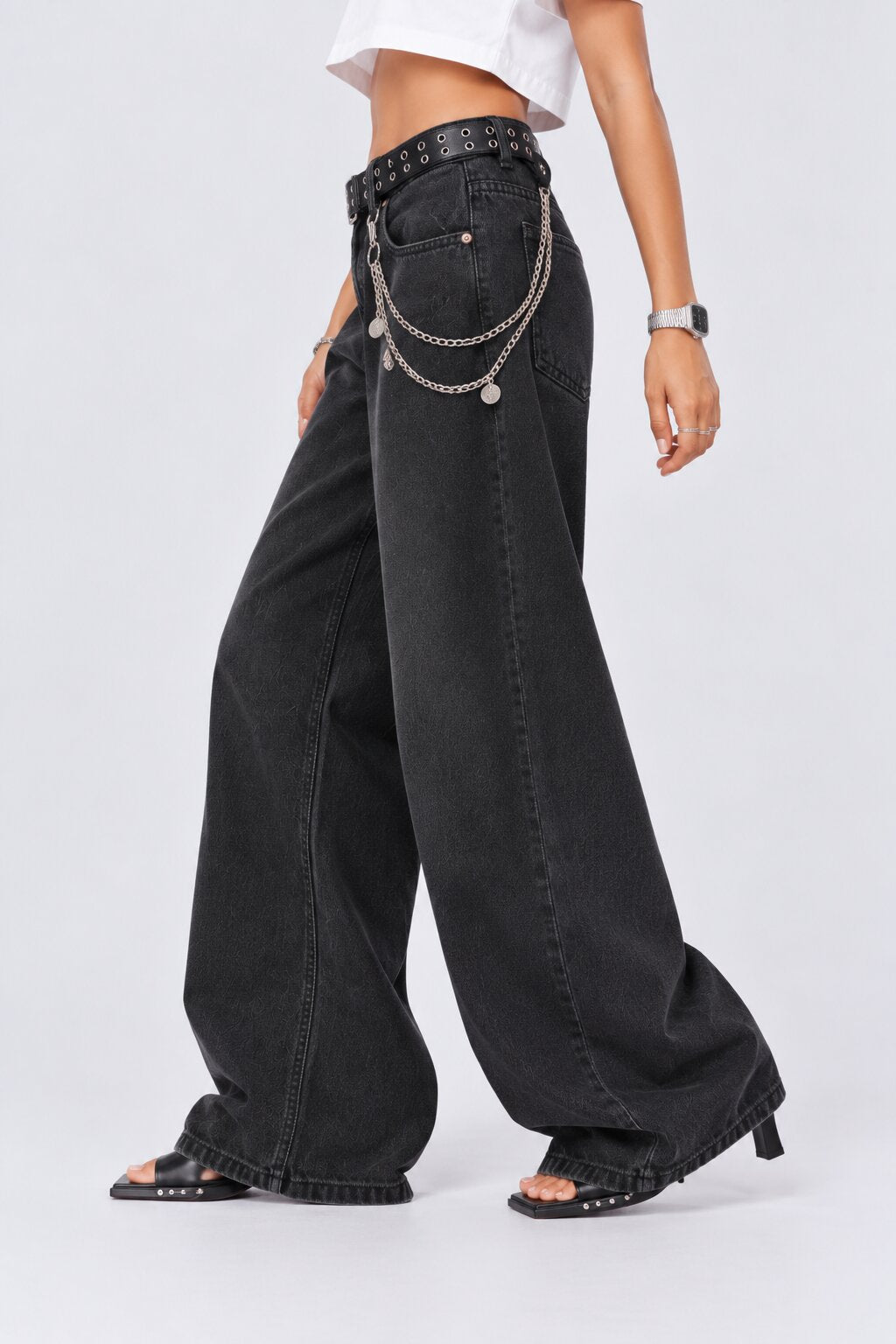 Womens Ultra Wide Leg Fit Charcoal Washed Jeans - Image 4