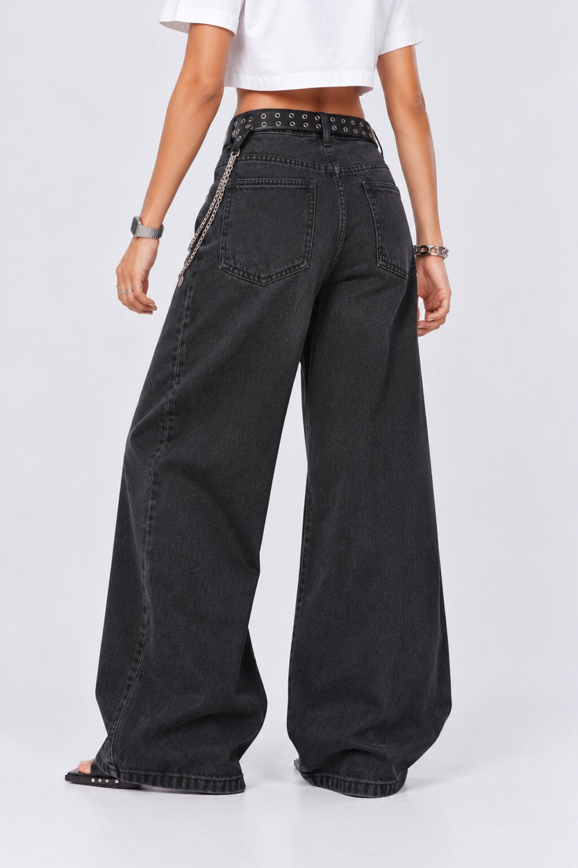 Womens Ultra Wide Leg Fit Charcoal Washed Jeans - Image 5