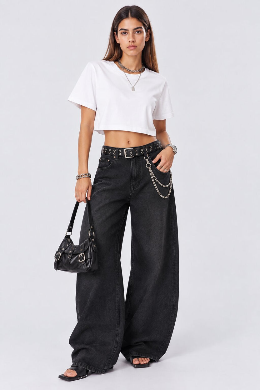 Womens Ultra Wide Leg Fit Charcoal Washed Jeans - Image 6