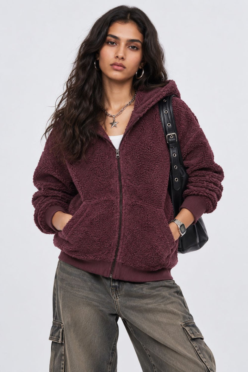 Womens Maroon Textured Hooded Jacket - Image 1