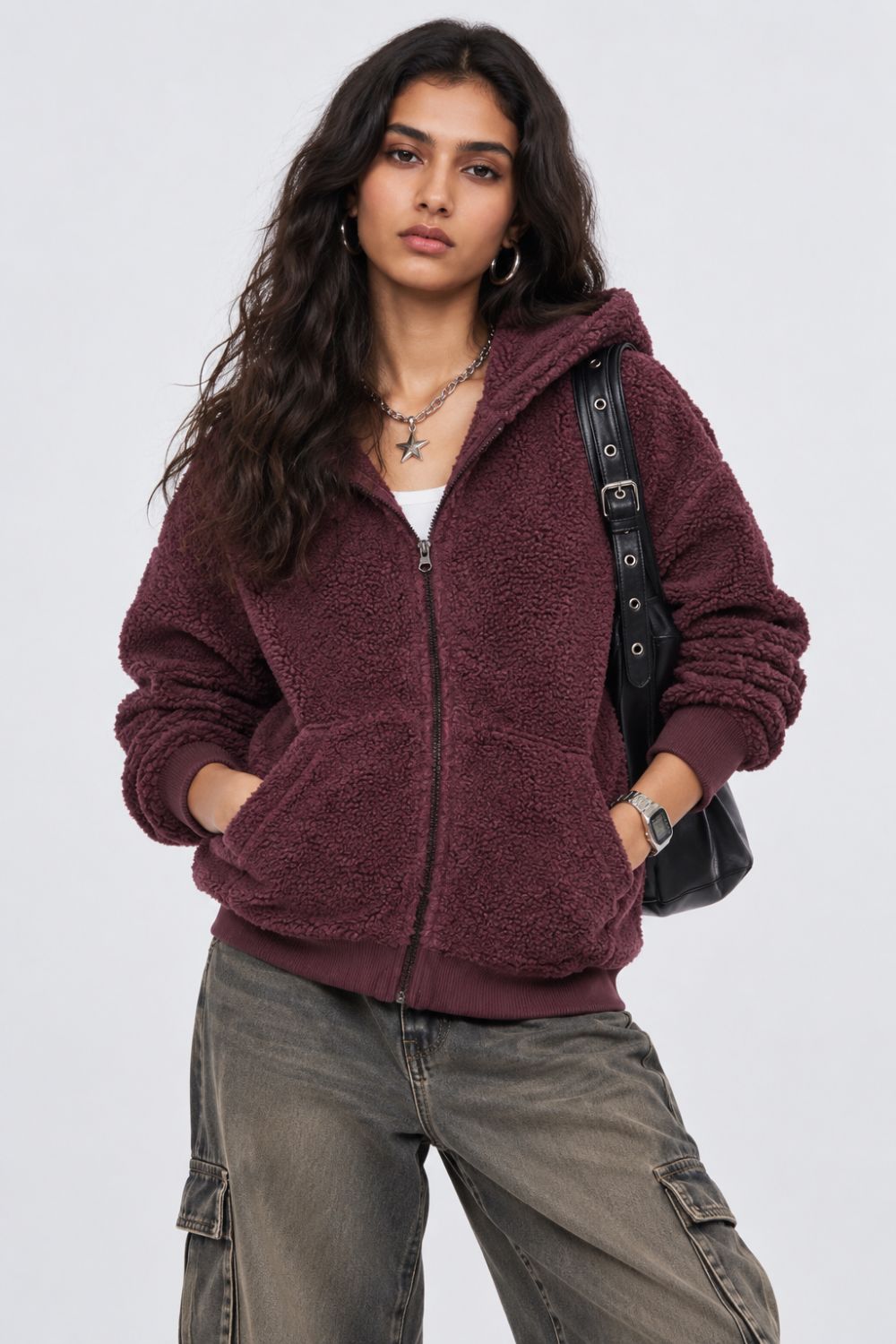 Womens Maroon Textured Hooded Jacket - Image 1