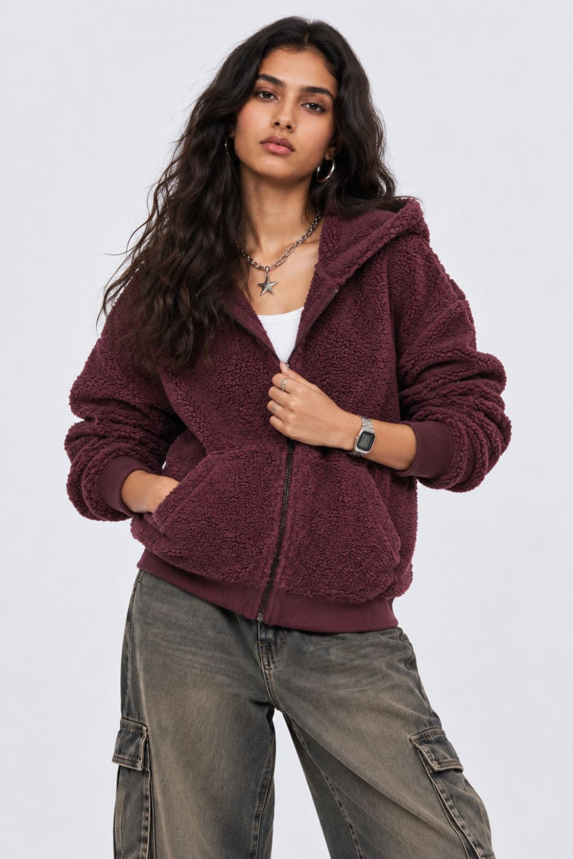 Womens Maroon Textured Hooded Jacket - Image 2