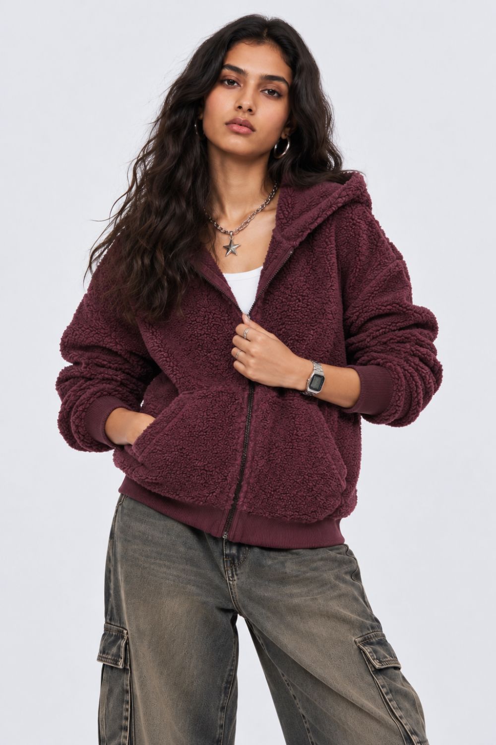 Womens Maroon Textured Hooded Jacket - Image 2