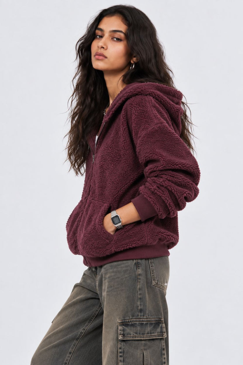 Womens Maroon Textured Hooded Jacket - Image 4