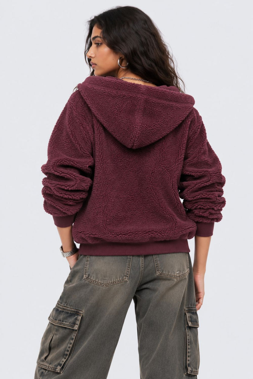 Womens Maroon Textured Hooded Jacket - Image 5