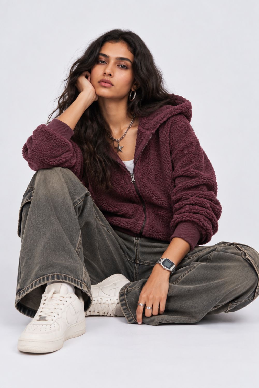 Womens Maroon Textured Hooded Jacket - Image 6