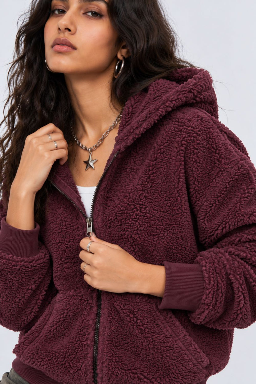 Womens Maroon Textured Hooded Jacket - Image 9