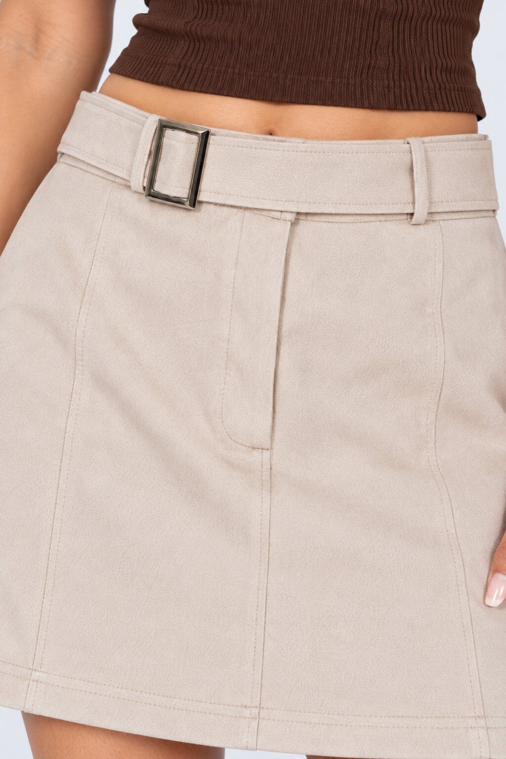 Womens Cream Suede Belted Mini Skirt - Image 9