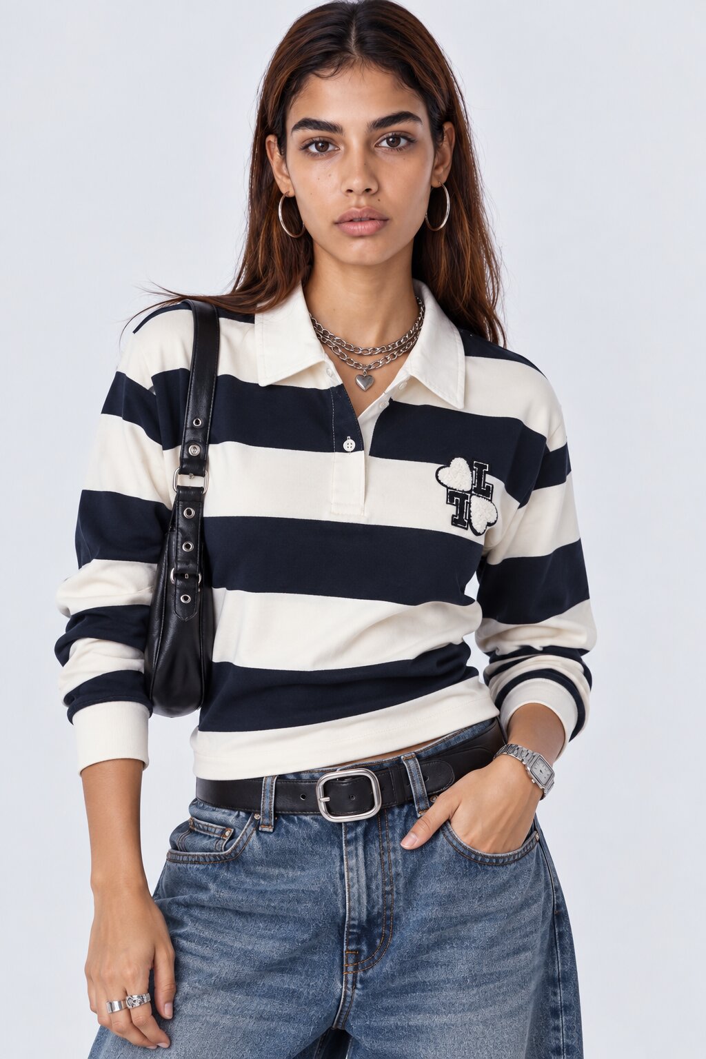 Womens White and Blue Varsity Patch Striped Polo Sweatshirt - Image 1