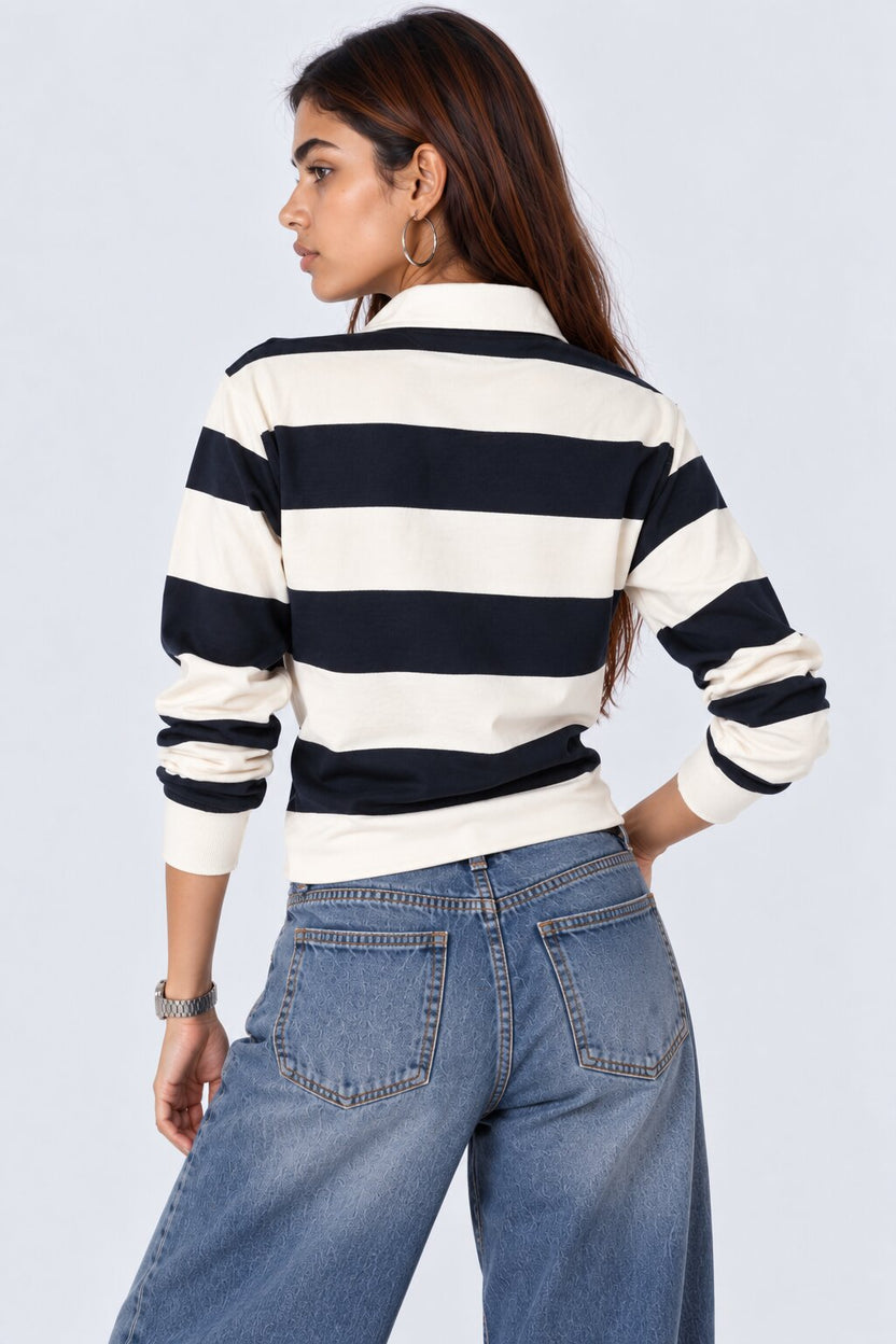 Womens White and Blue Varsity Patch Striped Polo Sweatshirt - Image 5