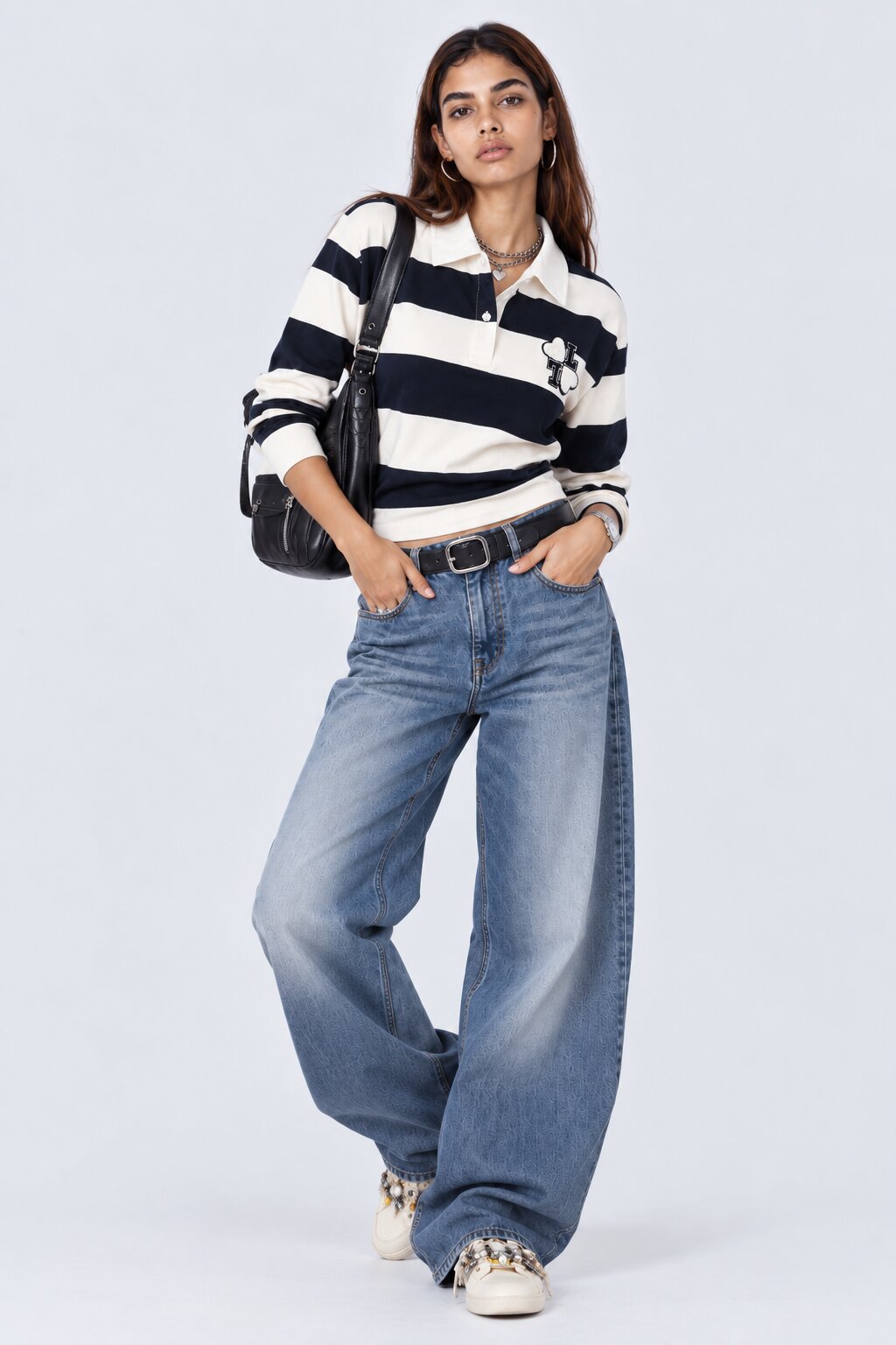 Womens White and Blue Varsity Patch Striped Polo Sweatshirt - Image 6