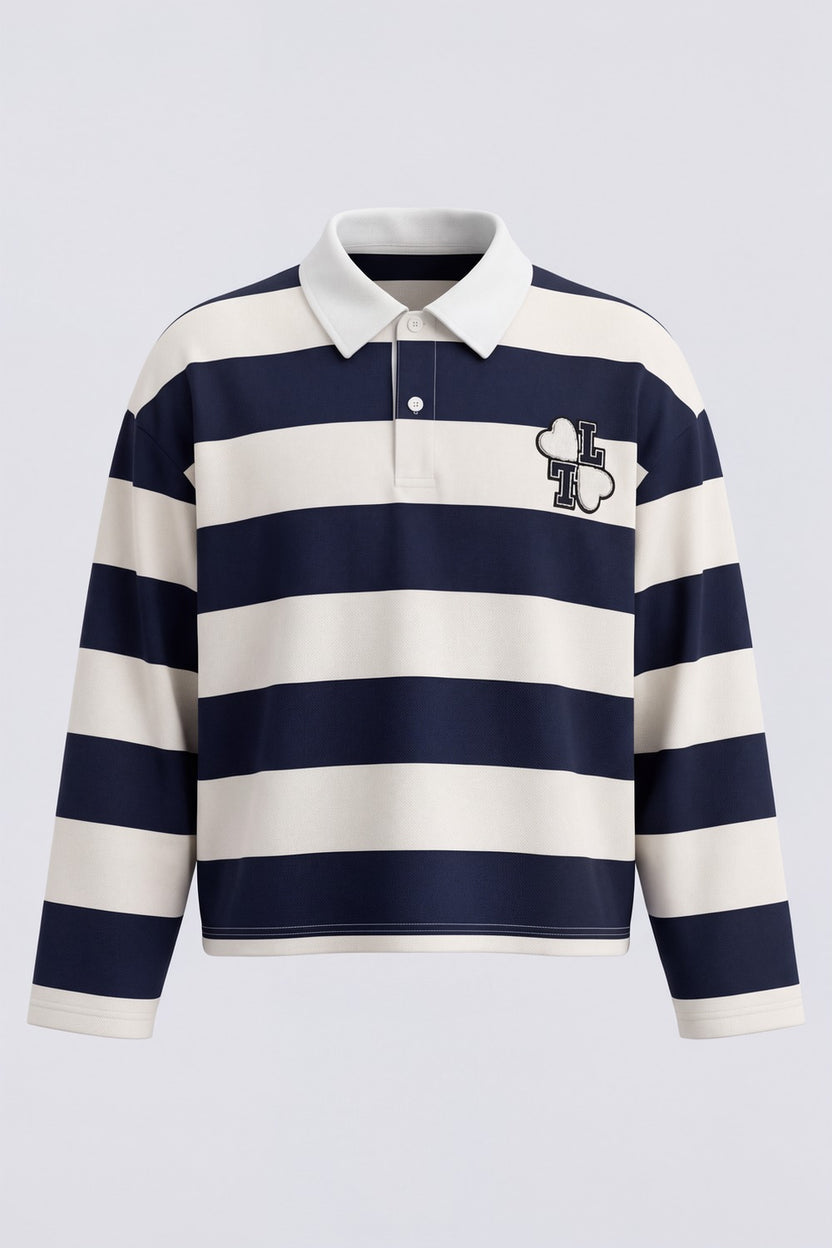 Womens White and Blue Varsity Patch Striped Polo Sweatshirt - Image 7