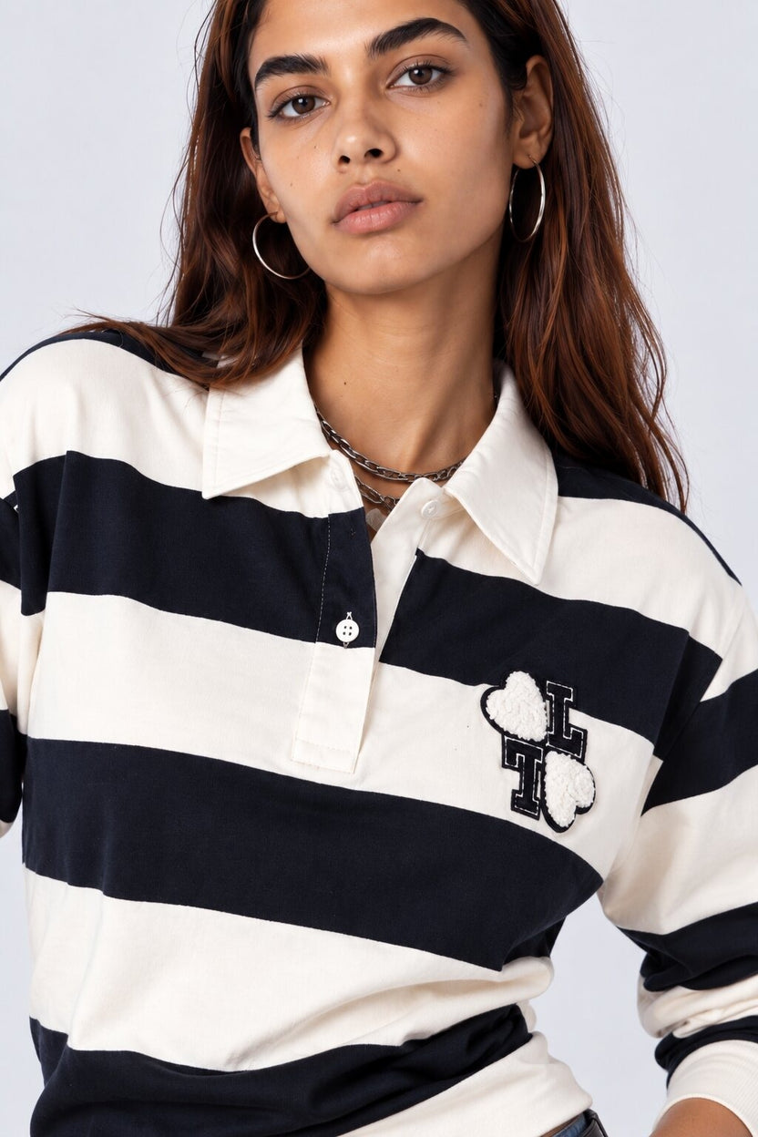 Womens White and Blue Varsity Patch Striped Polo Sweatshirt - Image 9