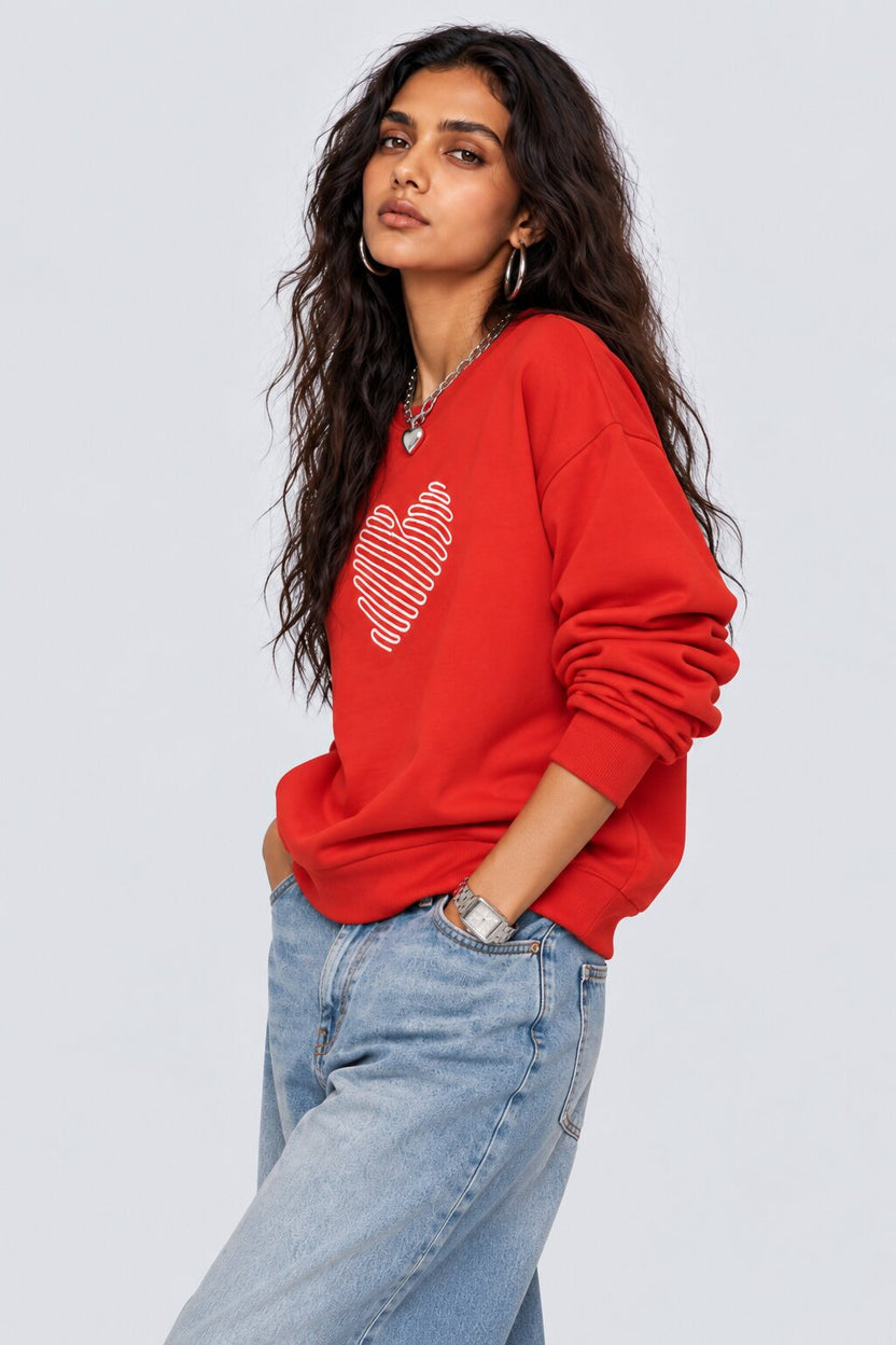 Womens Relaxed Fit Red Heart Embroidered Sweatshirt - Image 2