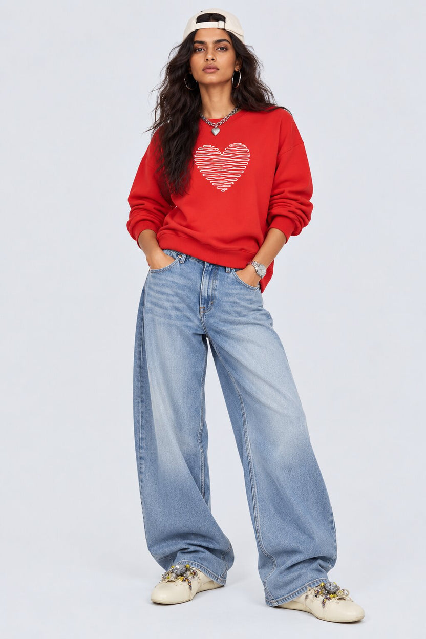 Womens Relaxed Fit Red Heart Embroidered Sweatshirt - Image 5