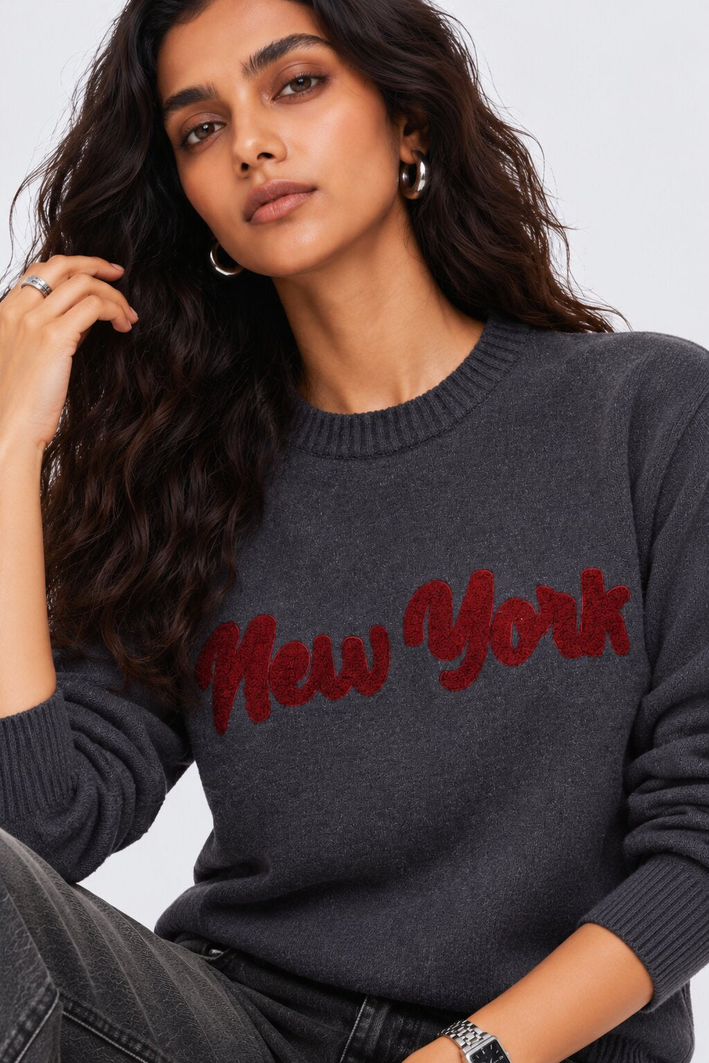 Womens Regular Fit Grey Embroidered Sweater - Image 9
