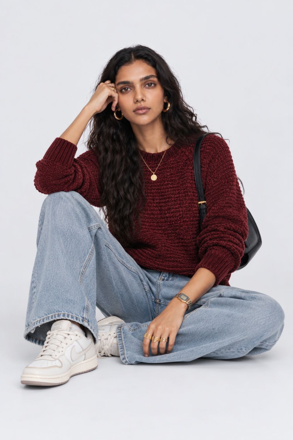 Womens Regular Fit Maroon Self Design Sweater - Image 1