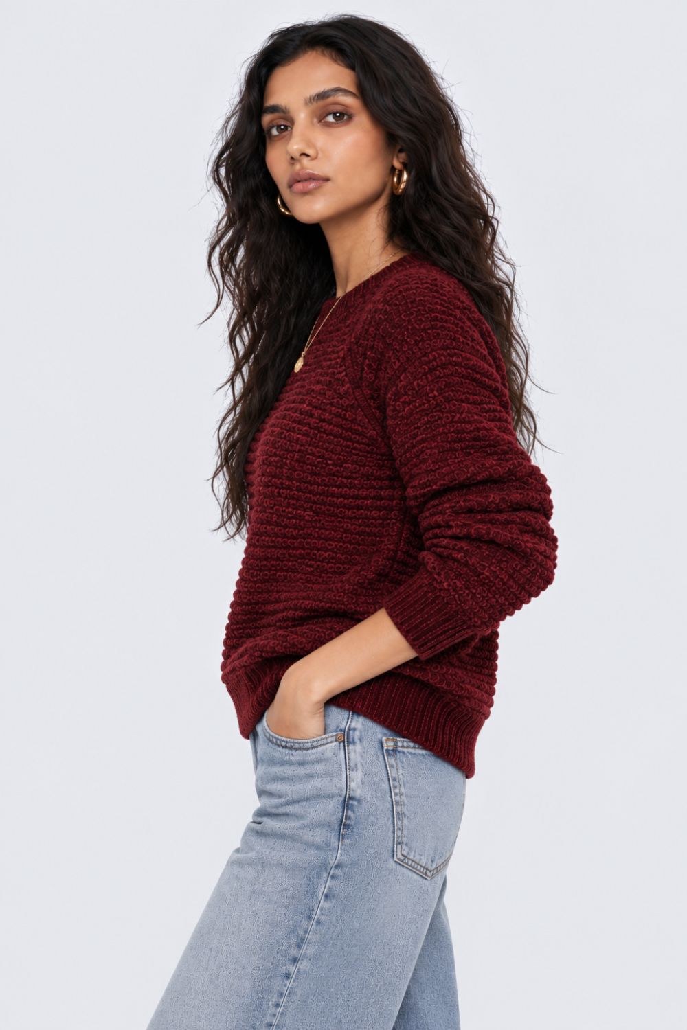 Womens Regular Fit Maroon Self Design Sweater - Image 4