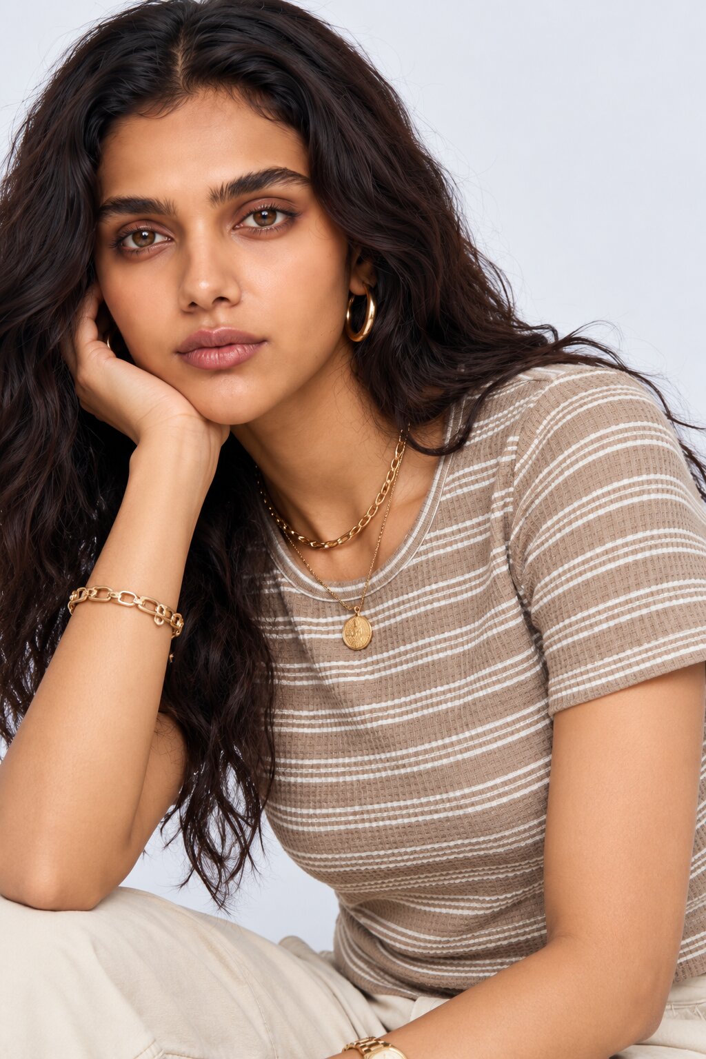 Womens Regular Fit Beige Striped Crop Top - Image 3