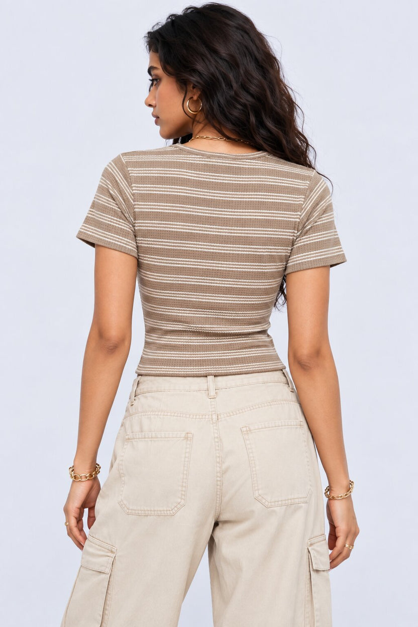 Womens Regular Fit Beige Striped Crop Top - Image 5