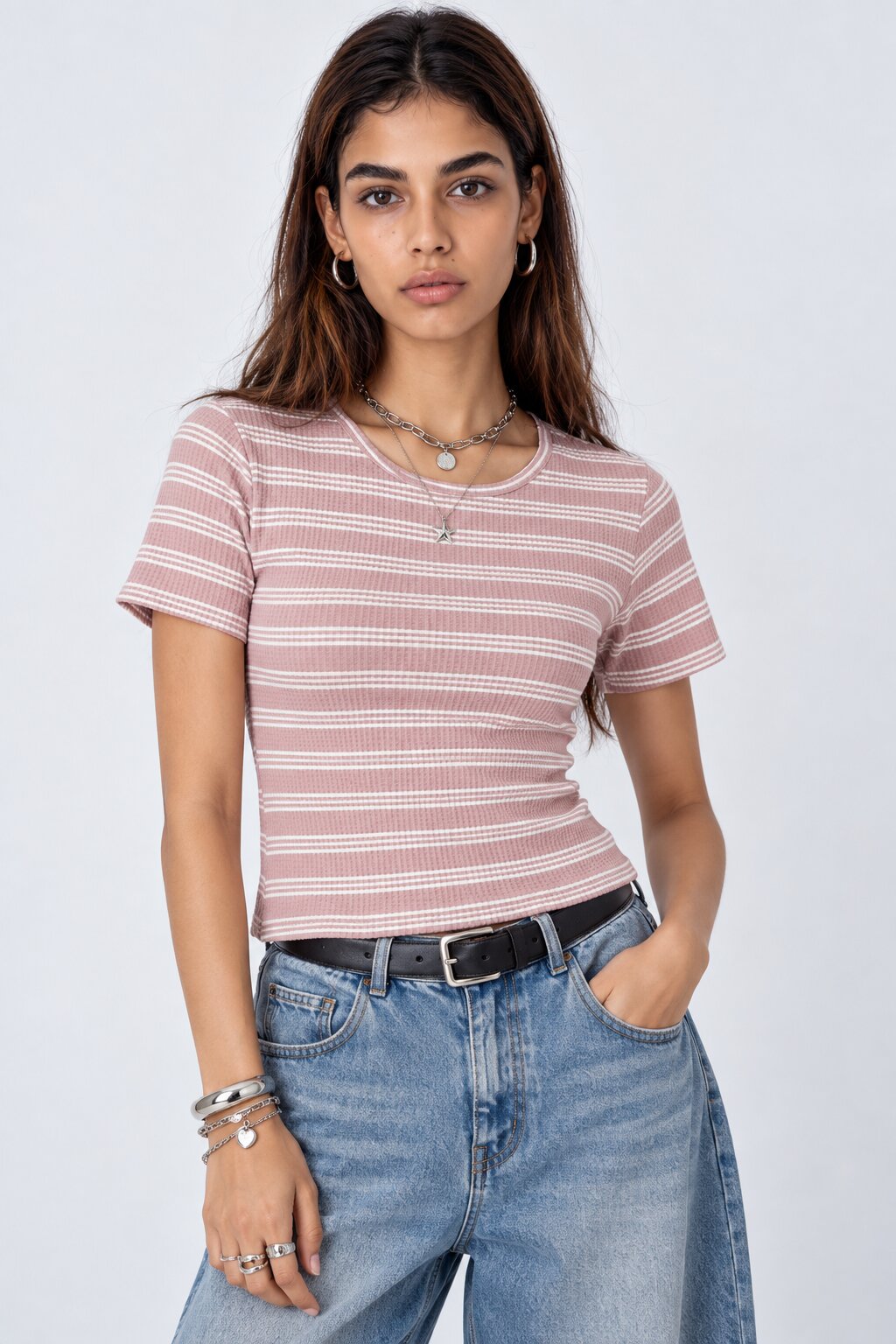 Womens Regular Fit Pink Striped Crop Top - Image 1