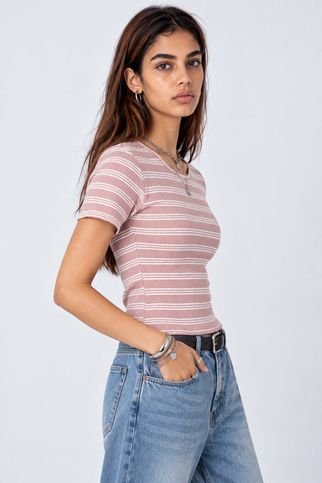 Womens Regular Fit Pink Striped Crop Top - Image 2