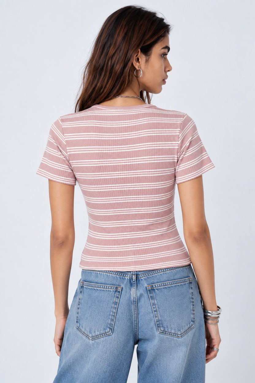 Womens Regular Fit Pink Striped Crop Top - Image 4