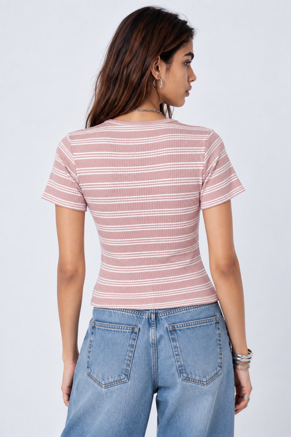 Womens Regular Fit Pink Striped Crop Top - Image 4