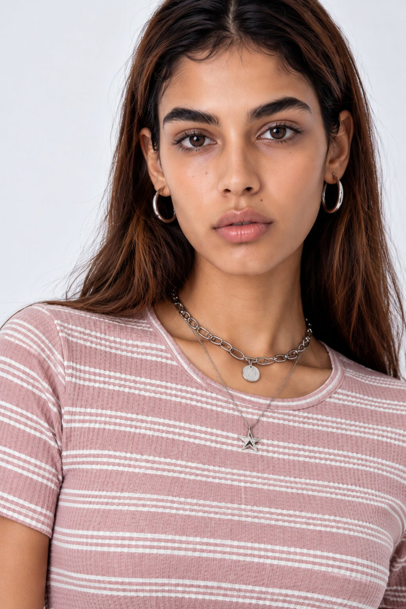 Womens Regular Fit Pink Striped Crop Top - Image 8