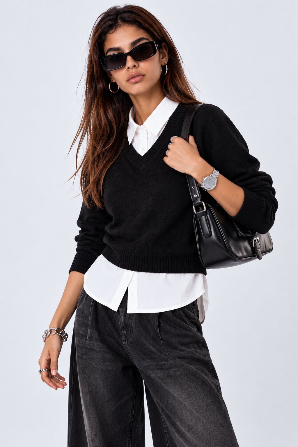 Womens Black Layered Shirt Knit Vest - Image 1