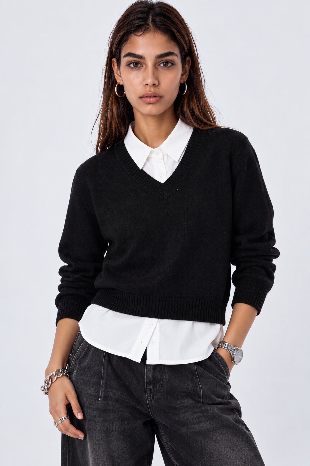 Womens Black Layered Shirt Knit Vest - Image 2