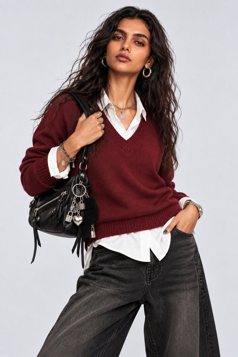 Womens Red Layered Shirt Knit Vest - Image 1