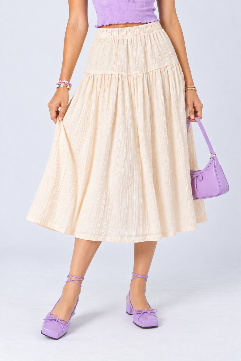 Womens Off White Crinkled Tiered Midi Skirt - Image 1