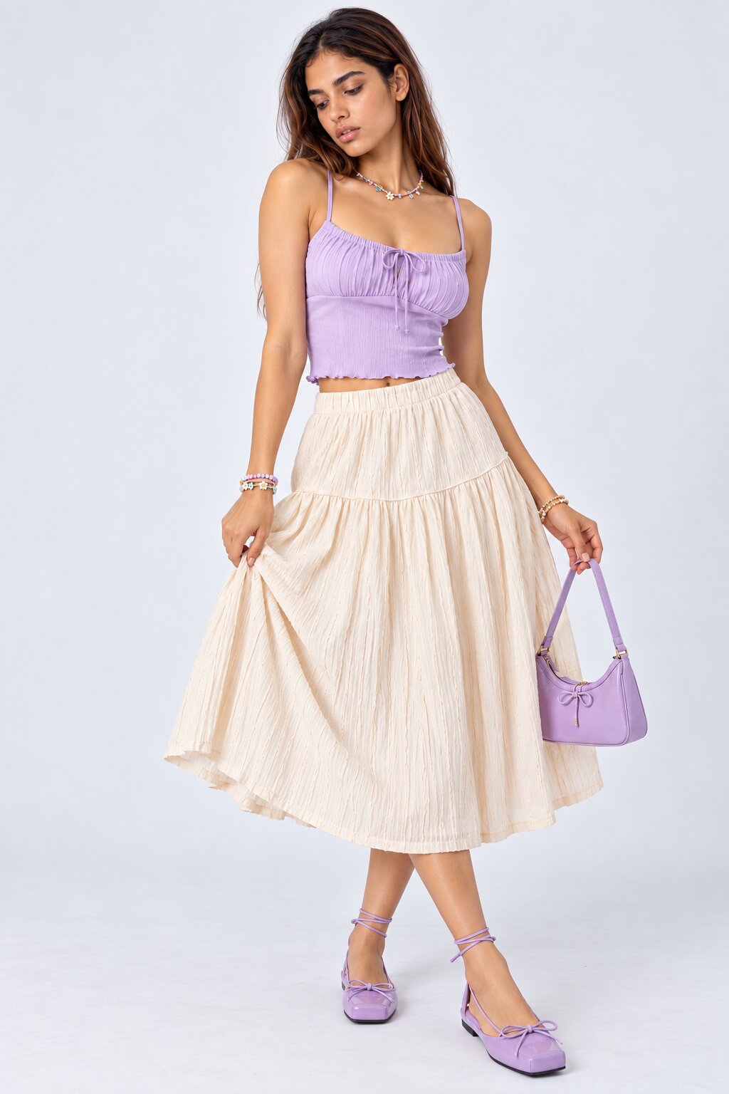 Womens Off White Crinkled Tiered Midi Skirt - Image 6