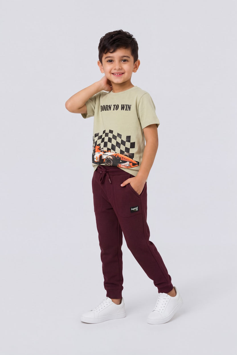 Boys Maroon Textured Joggers - Image 1