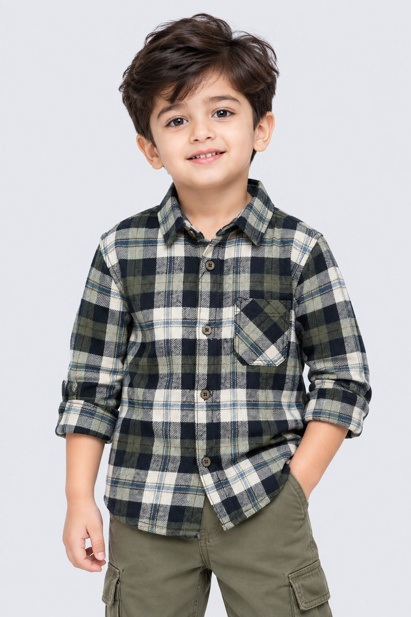 Boys Green Checked Cotton Flannel Shirt - Image 1